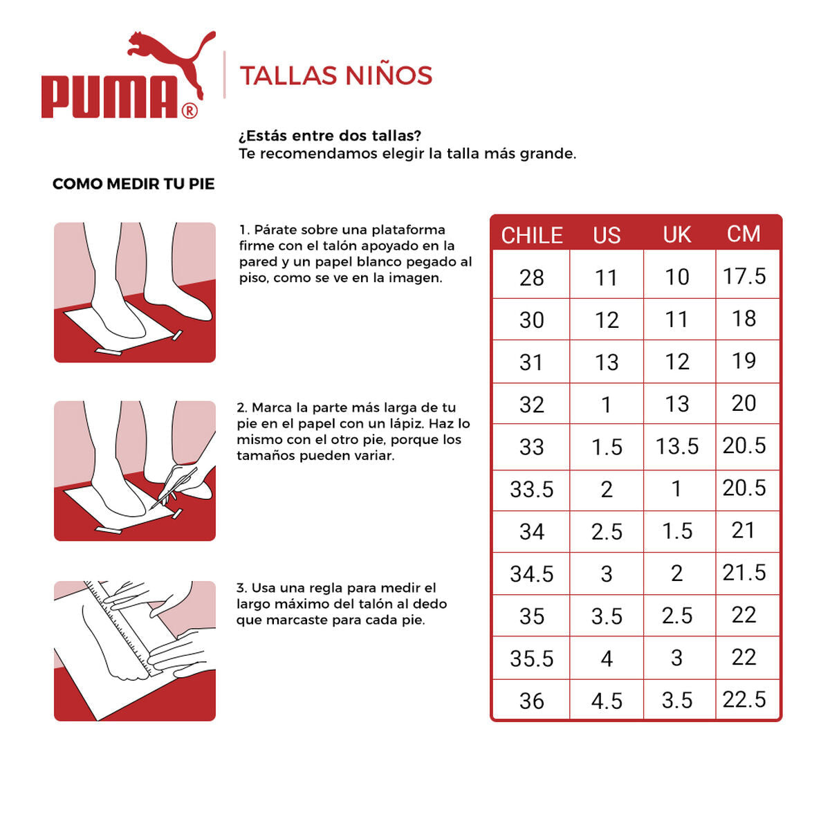 GUIA DE TALLAS PUMA NIÑOS
